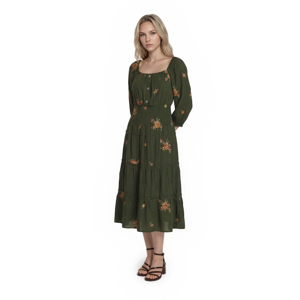 Fig and Flower Midi Dress Women's Size Large Green Embroidered Smocked Tiered